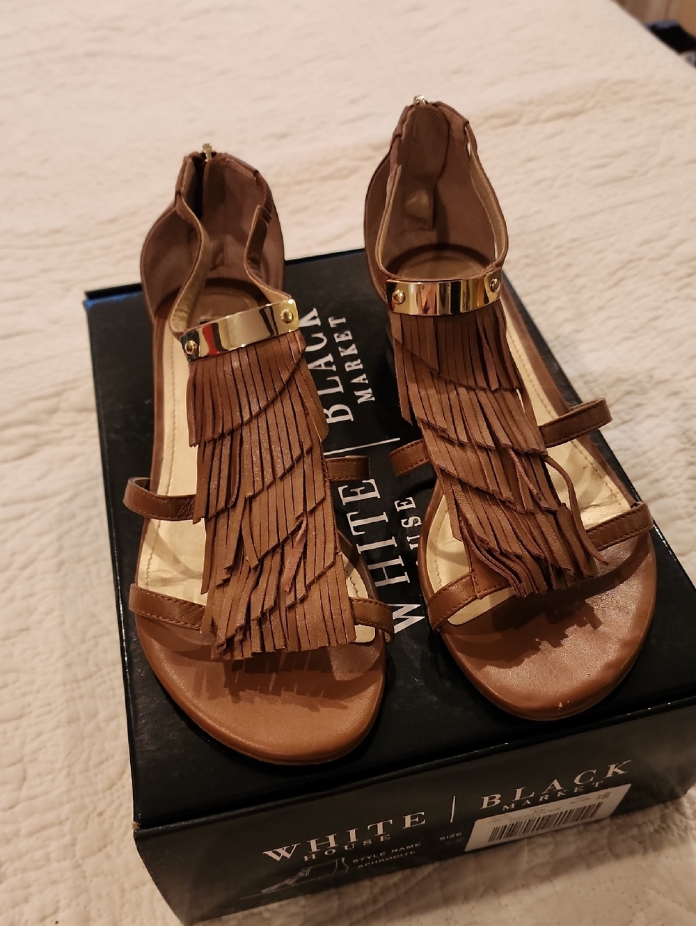White House Black Market Tan Fringe Gladiator Sandals with Gold Accent